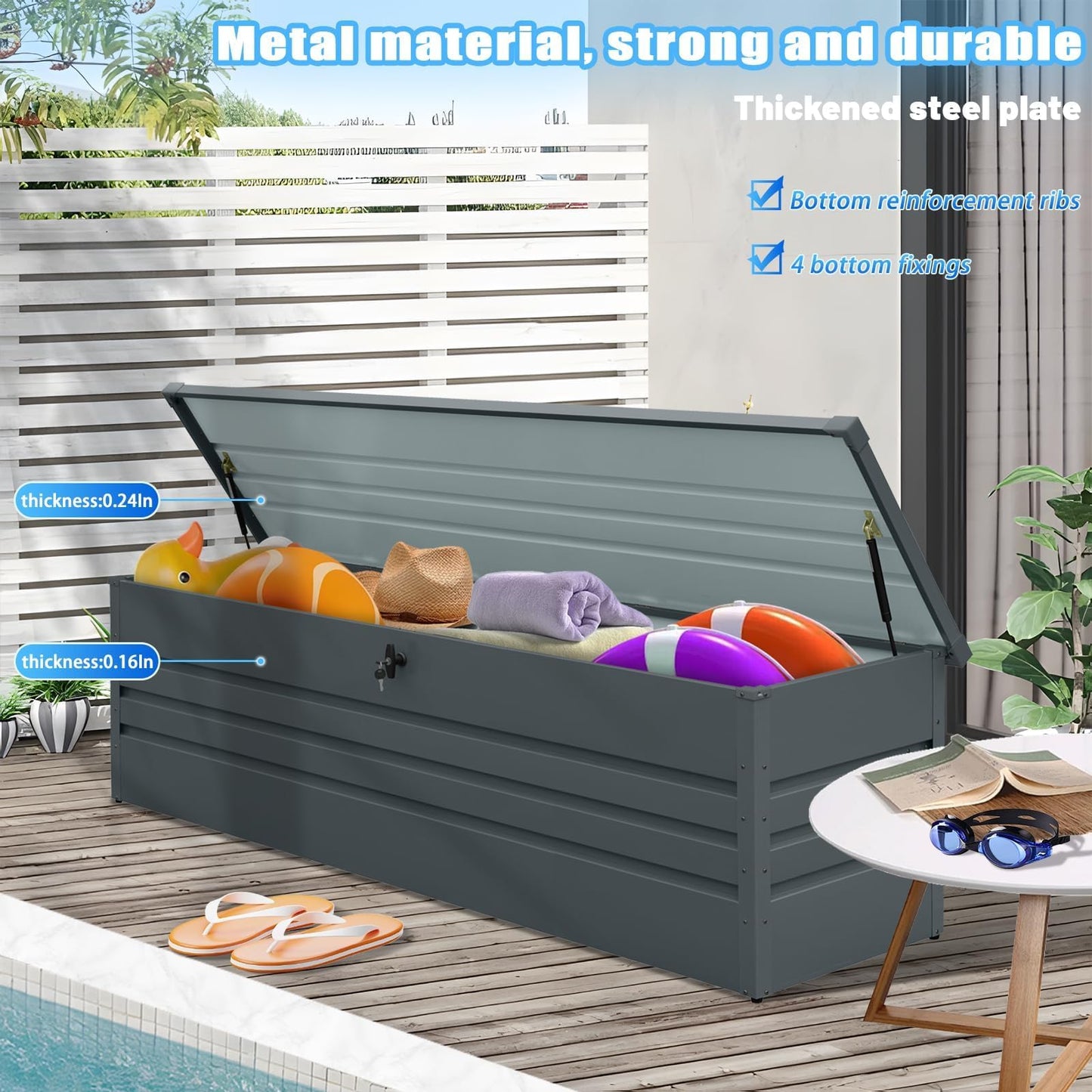 Zolyndo 260 Gallon Waterproof Outdoor Storage Box, Extra Large Outside Metal Deck Storage Box for Patio Cushions, Garden Tools, Pool Supplies
