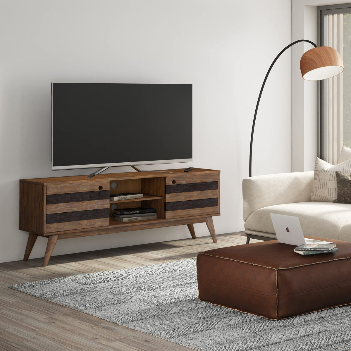 SIMPLIHOME Clarkson SOLID ACACIA WOOD 60 inch Wide Mid Century TV Media Stand in Rustic Natural Aged Brown For TVs up to 65 inches for the Living Room and Entertainment Center