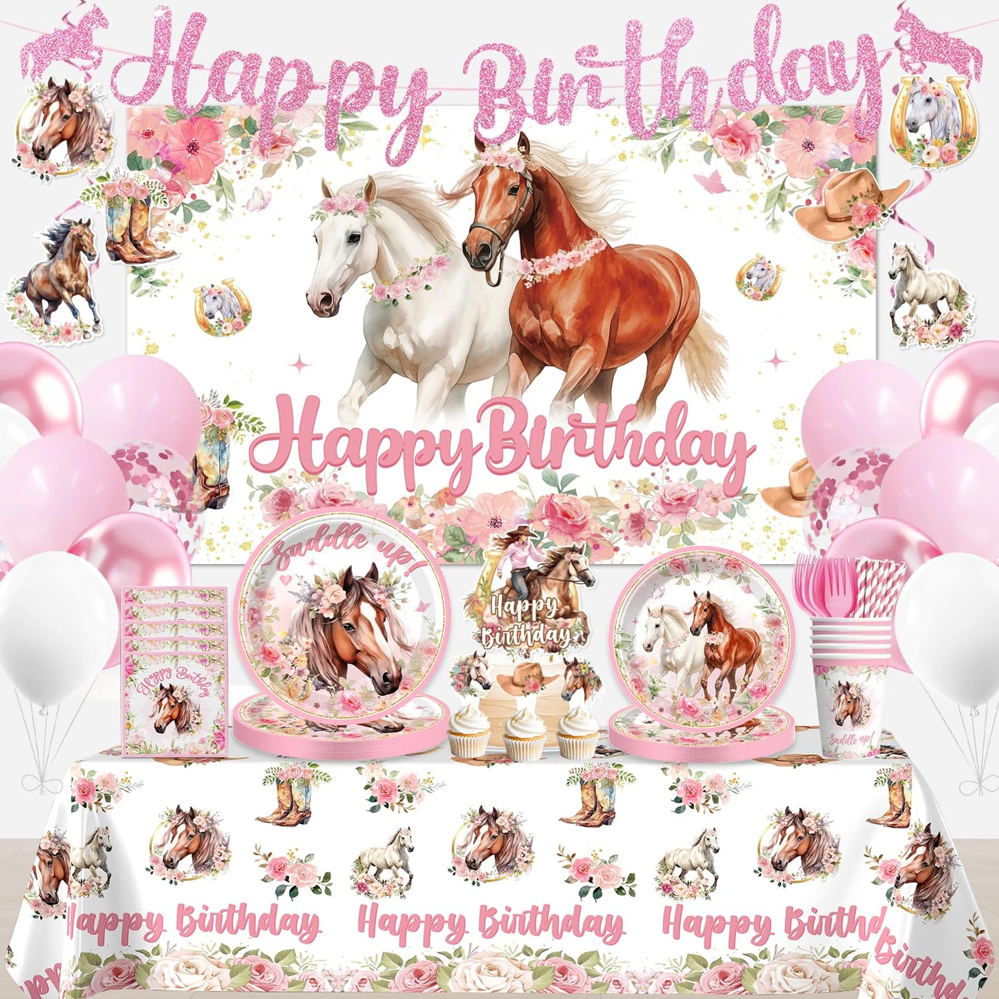 214Pcs Cowgirl Birthday Party Decorations Serve 25, Horse Party Supplies Includes Backdrop, Plates, Napkins, Cups, Banner, Hanging Swirl, Tablecloth, Cake Topper for Girl Birthday Decorations