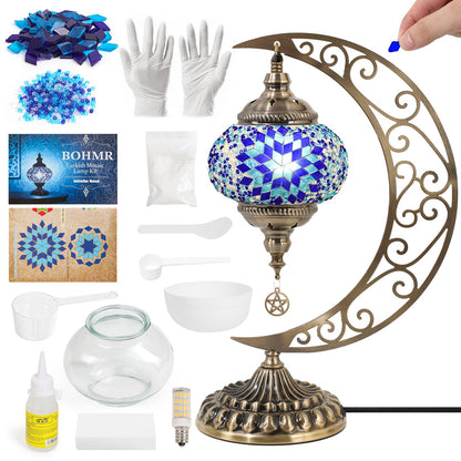 BOHMR DIY Turkish Mosaic Lamp Kit, Moon Stained Glass Lamp Making Kit- Easy,Fun,No Experience Needed, Mosaic Art & Craft Project Kits for Adults & Teens, Make Your Own Table Lamp,Christmas Gift,Blue