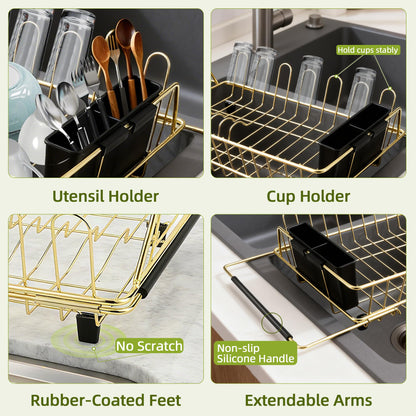 HAYAWEY Golden Expandable Dish Drying Rack with Silicone Drying Mat-Extra Large Stainless Steel Dish Drainer Over The Sink with Utensil Holder, Applicable for Sink Width 16'-22' (Gold,23.2'*12.2')