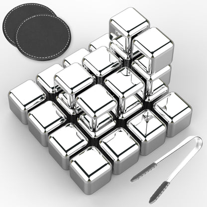 24 Pack Stainless Steel Ice Cubes Reusable - Ice Cubes Stainless with Ice Tongs and Whiskey Stones - Gifts for Men Dad Christmas for Drinks, Whiskey, Vodka, Chilling Rocks, Chilling Rocks for Drinks