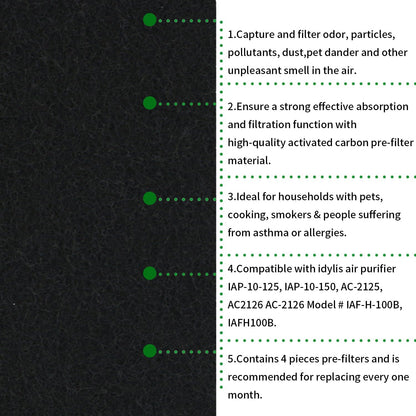 4 Pack Activated Carbon Pre-filter Machine Precut for Idylis Air Purifiers AC-2125, AC-2126, Model # IAF-H-100B