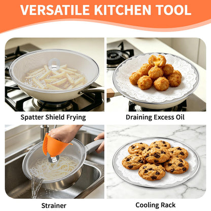 SHAOKAOLU Splatter Screen for Frying Pan Set, 3 Pack (10", 11.5", 13") Stainless Steel Grease Splatter Guard with Foldable Handle, Fine Mesh Oil Splash Screen with Silicone Oven Mitts, Dishwasher Safe
