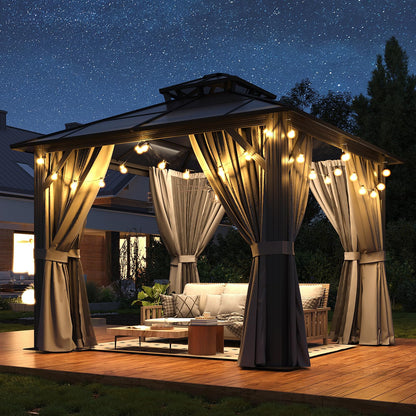 Breezestival 10’x10’ Hardtop Gazebo with Double Polycarbonate Roof Outdoor Metal Gazebo Sturdy Aluminum Frame & Removable Curtains, Netting Permanent Pavilion Pergola for Garden,Patio,Lawn (Gray)