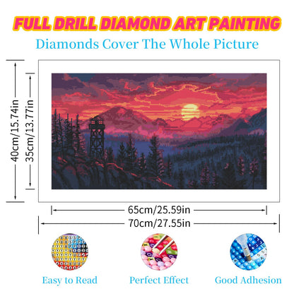 DDGEMART 5D Watchtower Sunset Forest Diamond Painting Kit - Full Drill Round Beads DIY Scenic Diamond Art Canvas for Adults, Nature Landscape Wall Decor 28x16 Inch·