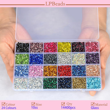 LPBeads Glass Hotfix Rhinestones Bulk SS10 14400pcs 24 Colors Hotfix Crystal Flatback Rhinestones for Crafts Clothes with Tweezers and Wax Pencil Kit