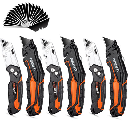 REXBETI 6 Pack Retractable Folding Utility Knife, SK5 Heavy Duty Box Cutter for Cartons, Cardboard and Boxes, Blade Storage Design, Extra 20 Blades Included