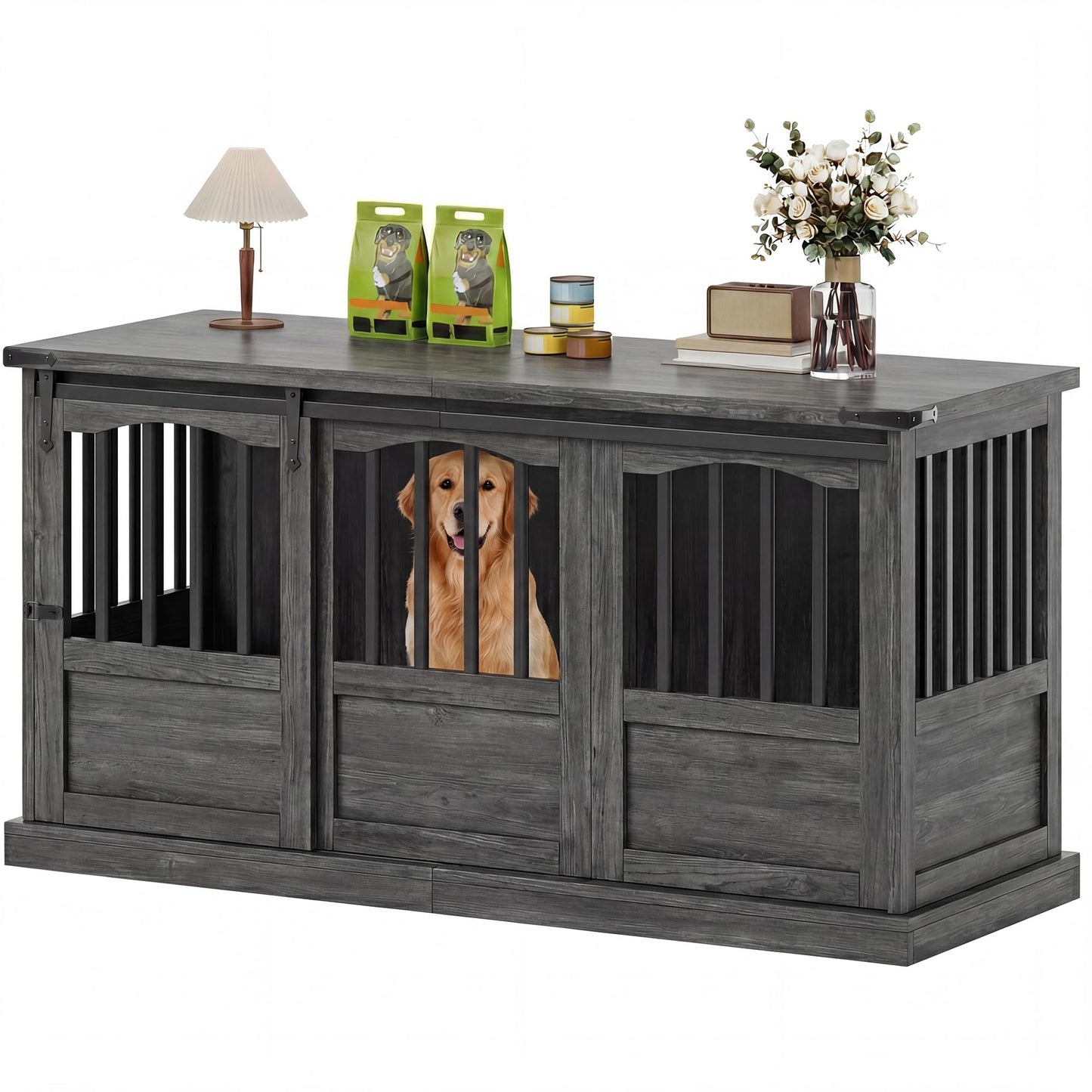 Homiflex 72" Double Dog Crate Furniture for 2 Medium Large Dogs Wooden Heavy Duty Dog Kennel Furniture with 2 Sliding Doors and Divider Decorative Dog Cage TV Stand End Table for Indoor, Grey