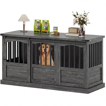 Homiflex 72" Double Dog Crate Furniture for 2 Medium Large Dogs Wooden Heavy Duty Dog Kennel Furniture with 2 Sliding Doors and Divider Decorative Dog Cage TV Stand End Table for Indoor, Grey