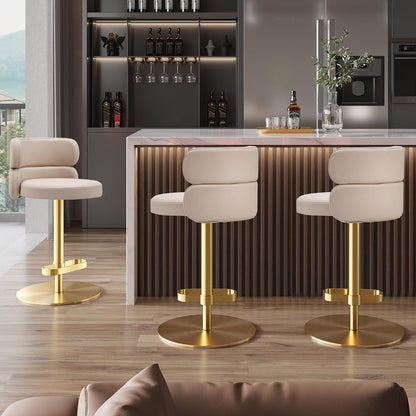 CAROCC Fireproof Leather Swivel Bar Stool Adjustable Airlift Counter Height Bar Stool Kitchen Dining Cafe Hydraulic Bar Chair with Padded Back，Gold Chromed Metal Base (1PCS Khaki)