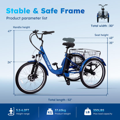 RegalRider Electric Tricycle for Adults, 7-Speed Electric Trike with 48V 624WH Removable Battery, 70Miles Long Lasting Range in PAS 1, 18.6Mph Max, 3 Wheel Electric Bike, Dual Disc, 24"