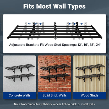 FLEXIMOUNTS 4-Pack 2x6ft Heavy Duty Garage Wall Shelving, 1200lbs Capacity, Garage Shelving Wall Mounted with 8 Hooks, Storage for Power Tools, Garden Supplies, Storage Bins, Lite Series