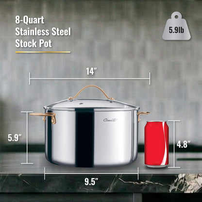 Ciwete 8 Quart Stock Pot, 3 Ply Whole Clad Stainless Steel Stock Pot, 8 QT Cooking Pot with Lid, Induction Pot for Cooking, 18/10 Stainless Steel Cookware Stockpots Oven, Gas and Dishwasher Safe