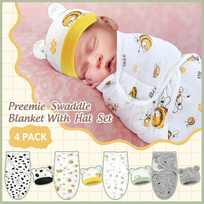 Buryeah Preemie Swaddle Blanket Wrap Set - 4 Pack with Hat for Baby Boys & Girls (3-7 lbs)