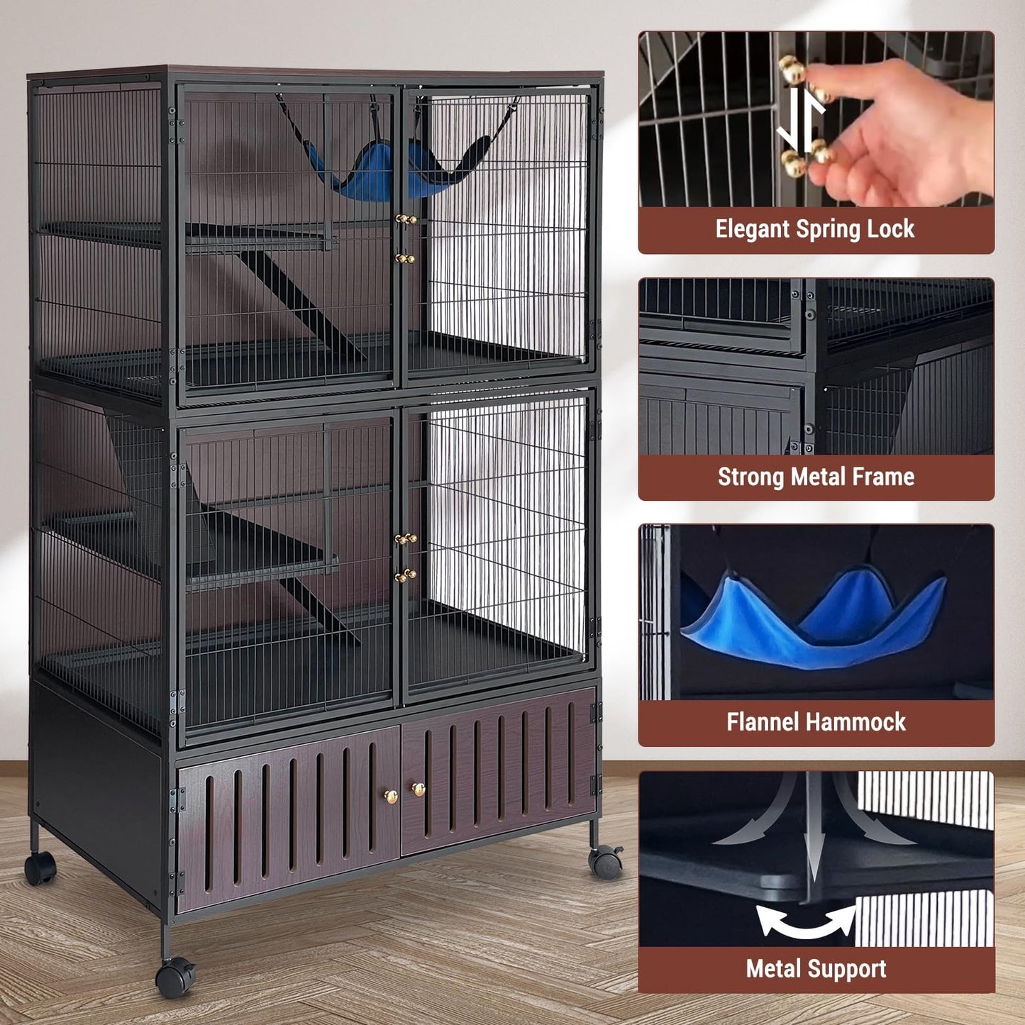 60" Large Ferret Cage, Multi-Level Small Animal Mansion with 4 Wheels, 3 Metal Ramps & Hammock for Chinchillas, Rabbits, Guinea Pigs, Includes PP Trays & Storage Cabinet