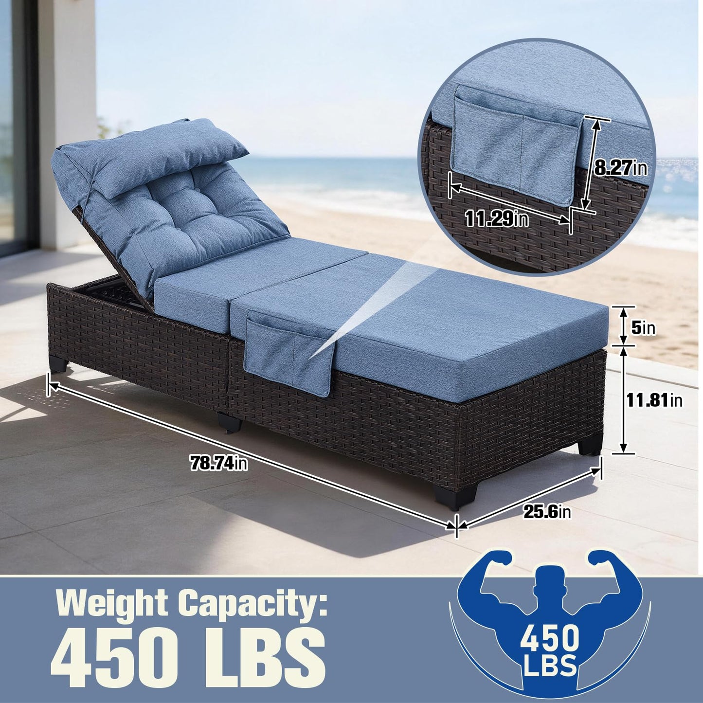 Ligescel Outdoor Chaise Lounge Chair, Patio Rattan Adjustable Recliner with 5-Inch Thick Cushion, Heavy Duty Metal Lounger for Pool Beach Yard (Blue)