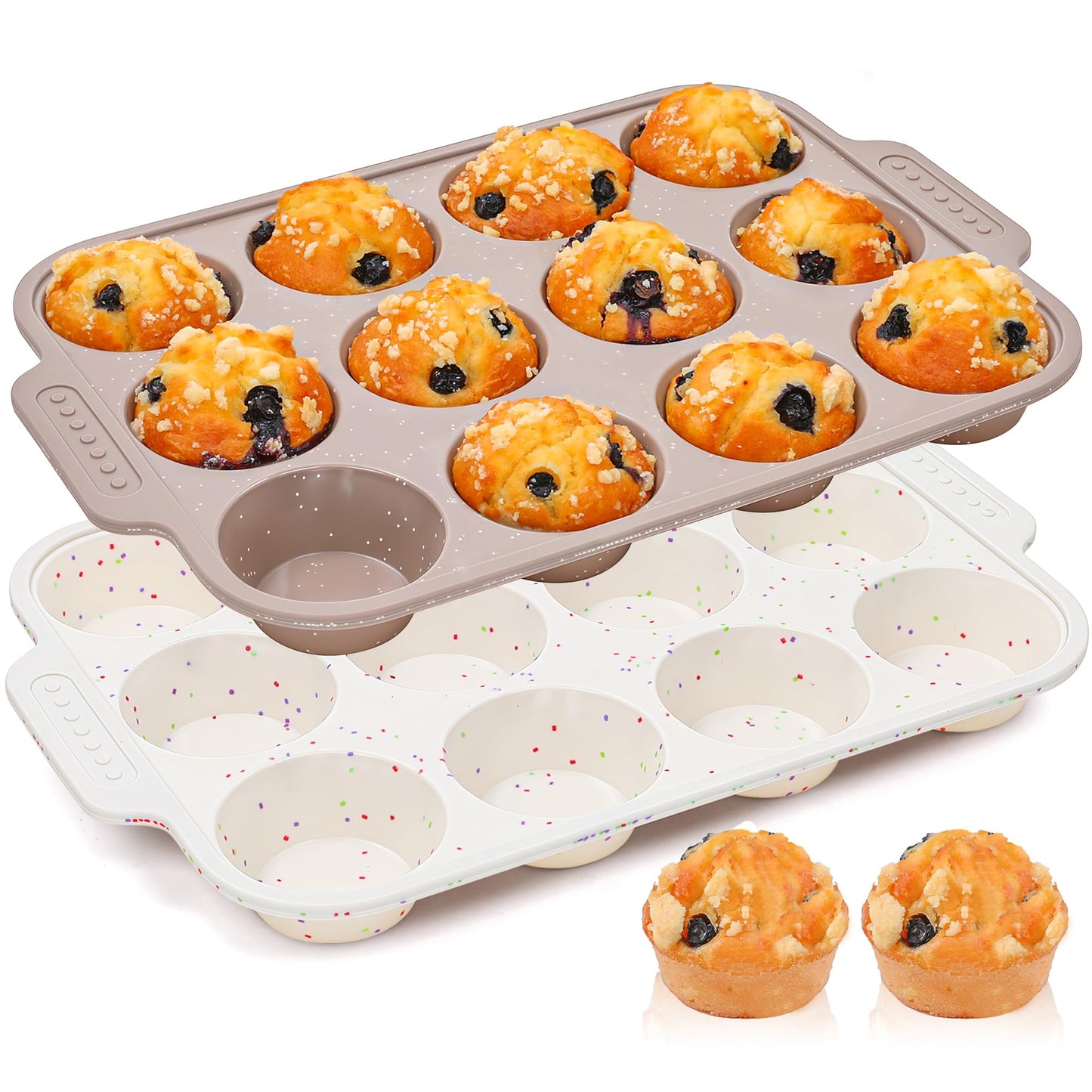 AOTASO 2 Pcs Silicone Muffin Pans for Baking with Metal Reinforced Frame, Nonstick Cupcake Tray for Oven, 12 Cups Regular Size Silicone Molds for Egg Bites, Dishwasher Safe (Brown, Cream)
