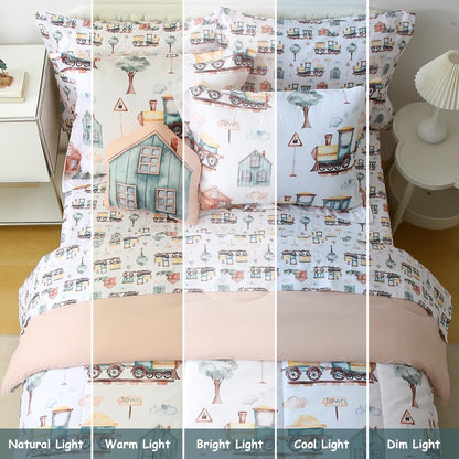 Sets 8 Set Country Set, Mooreeke Kids Full Comforter for Boys Pieces Train Bedding for Teens Microfiber Train Town Kids