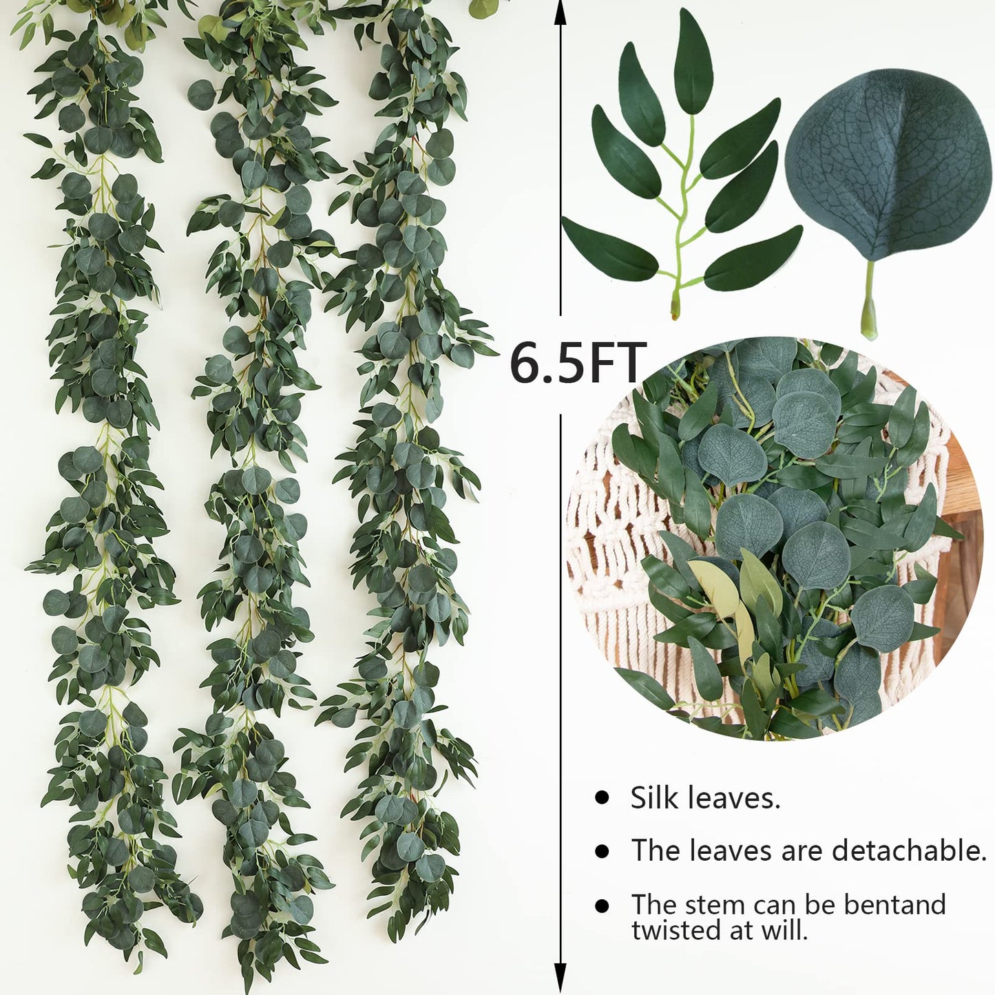 Apeair 3Pcs Fake Eucalyptus Vines, 6.5FT Silk Ivy Garland, Odorless Lush Green Leaves Artificial Hanging Plants, Boho Forest Greenery Decor for Home, Classroom, Wall,Party, Wedding Decoration