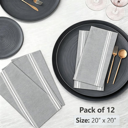Cloth Napkins Set of 12,Grey Striped Cloth Napkins 18x22 Inch,Polyester Napkins Cloth Washable, Reusable Washable for Fall Christmas Wedding Daily Dining