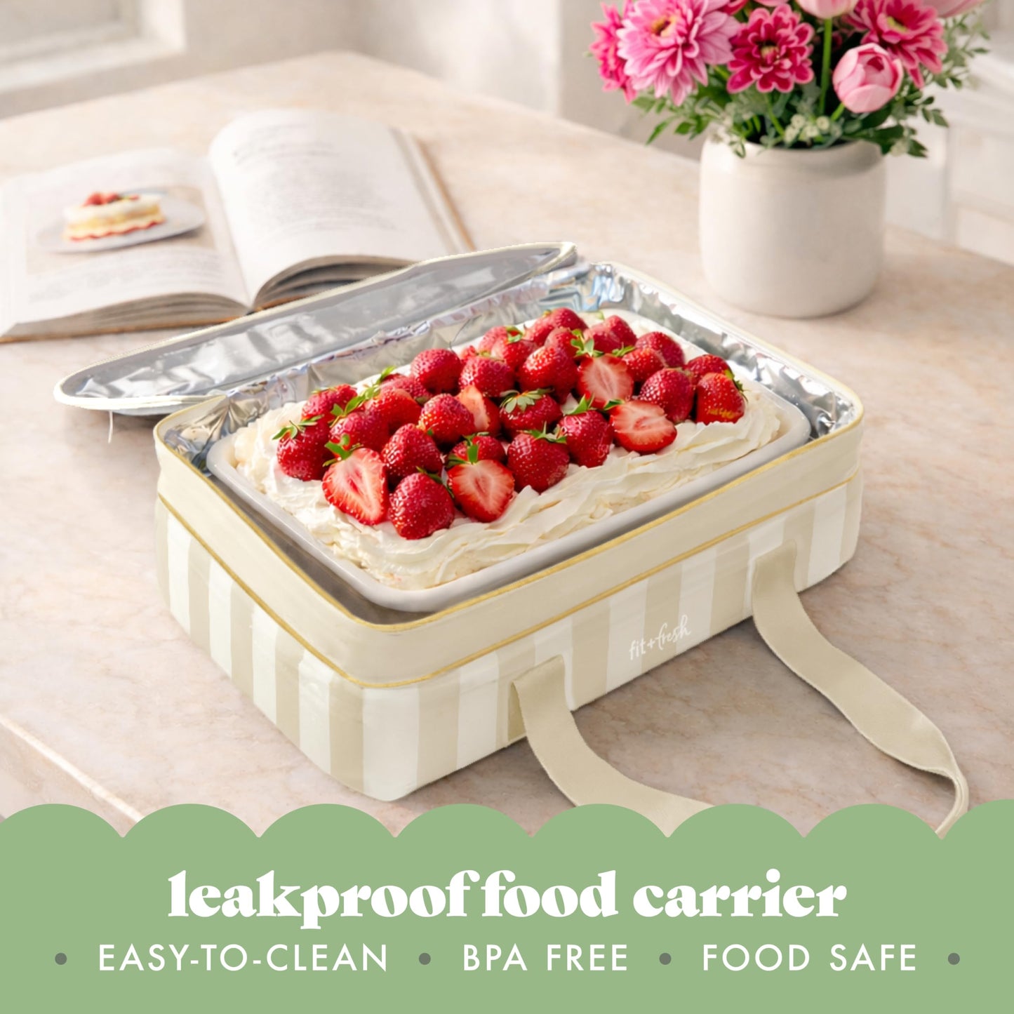 Fit & Fresh Insulated Casserole Carrier - Double Decker Food Carrier Fits Two 9x13 Dishes, Expandable Hot & Cold Food Transport Bag with Zipper Pocket for Potluck, Easter & Travel, Taupe Stripe