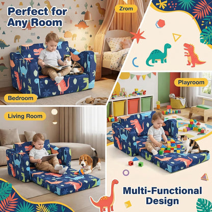 2-in-1 Kids Couch Sofa Toddler Sofa Dinosaur Foldable Toddler Couch Bed Flip Open Kids Chair for Playroom Bedroom Gift