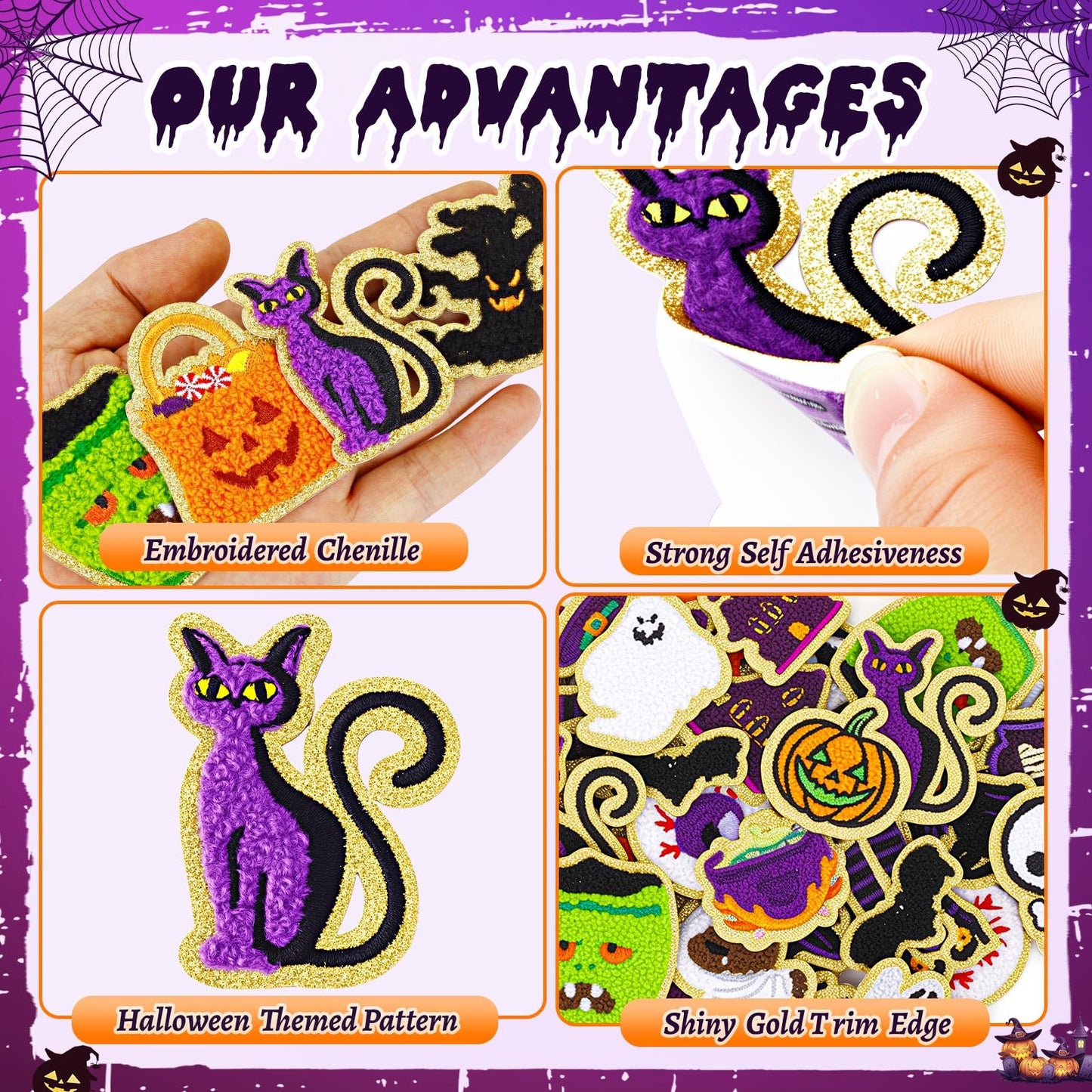 50 Pcs Halloween Patches Chenille Patches Self Adhesive Embroidered Autumn Halloween Pumpkin Ghost Skeleton Witch Hat Spider Gravestone Zombie Stick on Patch Stickers for Backpacks Hats Bags Jackets