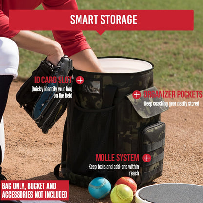 Baseball Bucket Bag Backpack, Coaches Bucket Bag Fit 6 Gallon Buket, Baseball Coaching Accessories with Multiple Pockets, Tactical Style Softball Coaches Bags with Backpack Straps Bucket not included