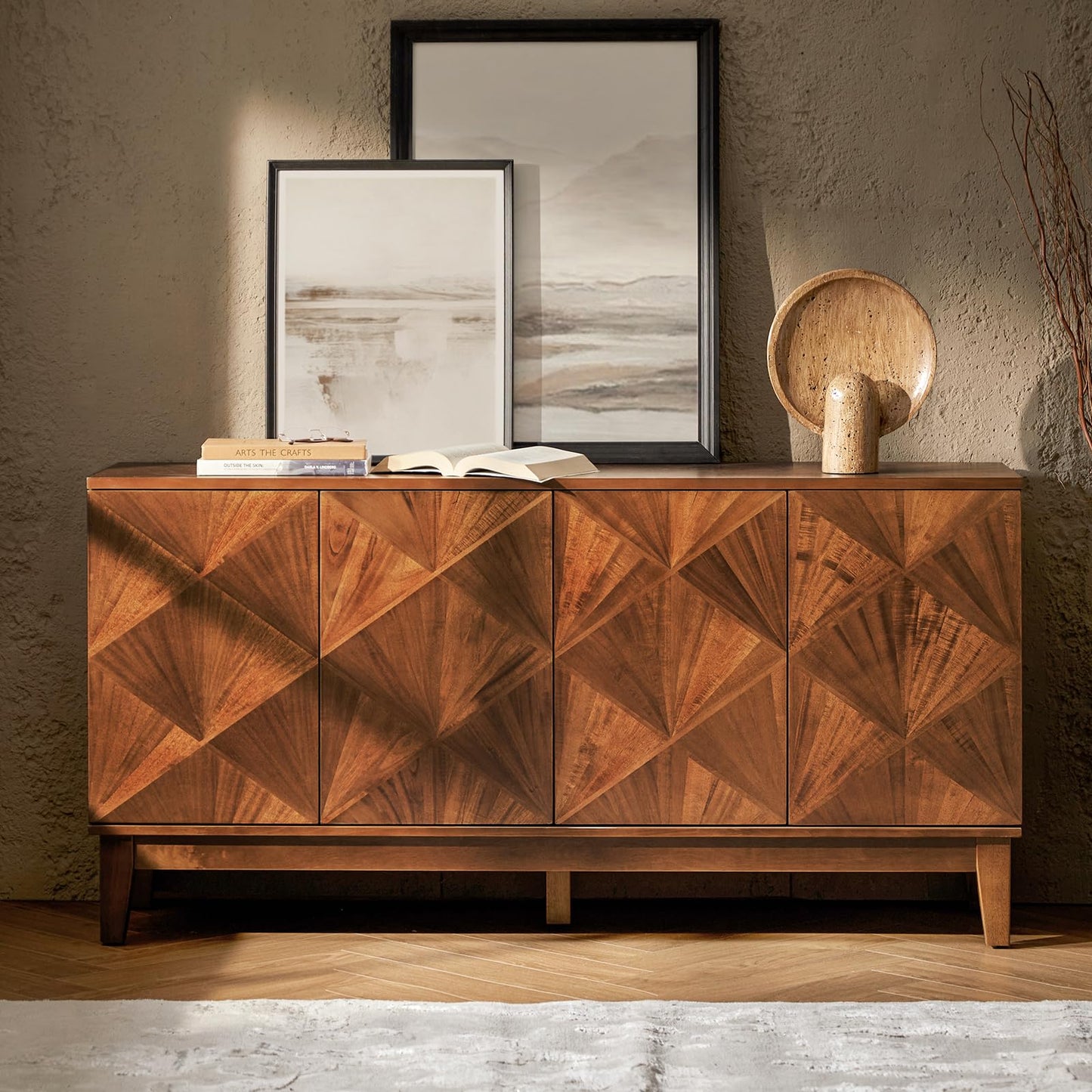 Mid Century Modern Walnut Console Cabinet - 60" Sideboard Buffet with Adjustable Shelves and Handles for Living Room, Kitchen
