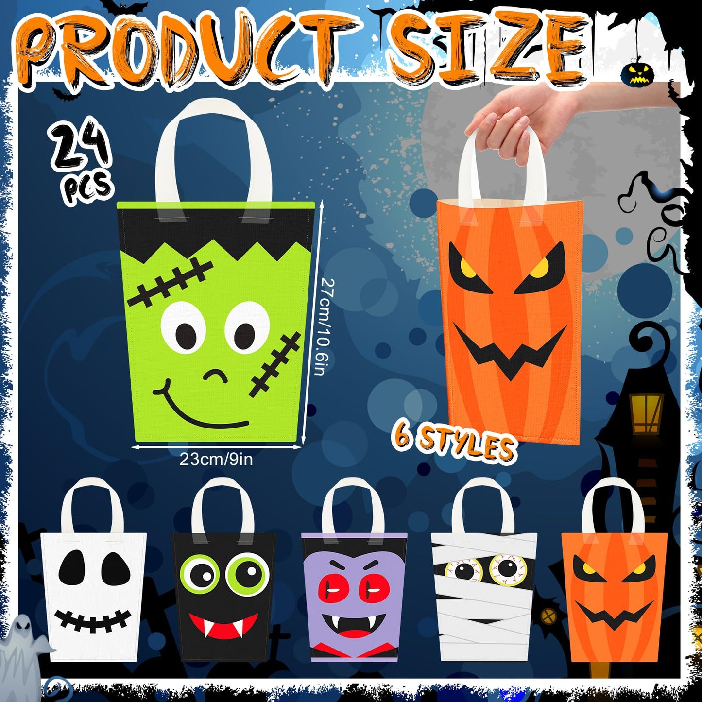 Sratte 24 Pack Halloween Non-Woven Treat Bags 6 Cute Patterns Design Trick or Treat Reusable Candy Goodies Bags with Handle Pumpkin Ghost Bat for Halloween Party Favors(10.63" x 9.06")