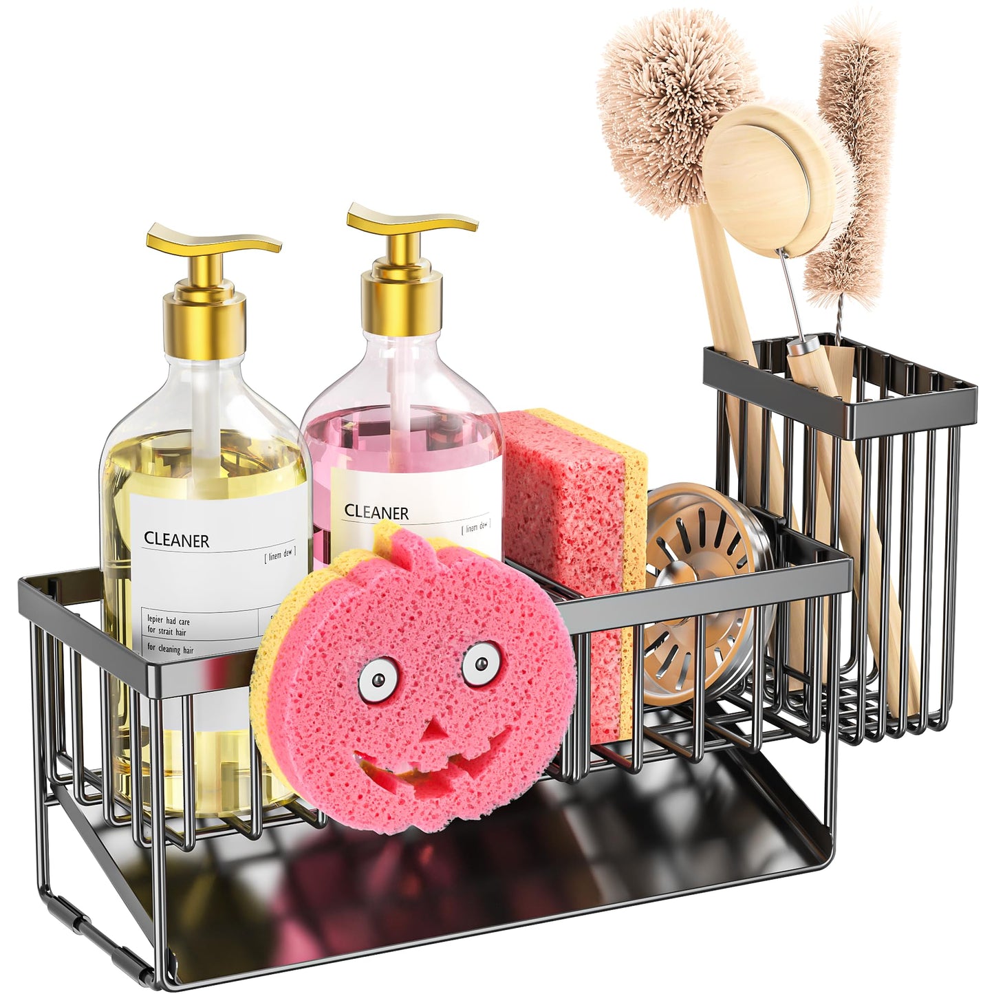 Sponge Holder for Kitchen Sink,Smiley Face Sink Caddy with Removable Brush Holder,Self-Draining Sponge Caddy for Sponge,Soap,Dish Brush,Scrubber,Kitchen Essentials and Gadgets