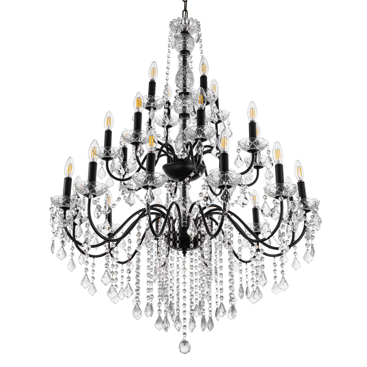 Wellmet Black Chandelier Light Fixture, Luxury Maria Theresa Crystal Chandeliers for High Ceiling Foyer, 24 Lights Hanging Pendant Light for Living Room EntryWay Hall Staircase Large 35.66" (Black)