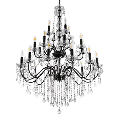 Wellmet Black Chandelier Light Fixture, Luxury Maria Theresa Crystal Chandeliers for High Ceiling Foyer, 24 Lights Hanging Pendant Light for Living Room EntryWay Hall Staircase Large 35.66" (Black)