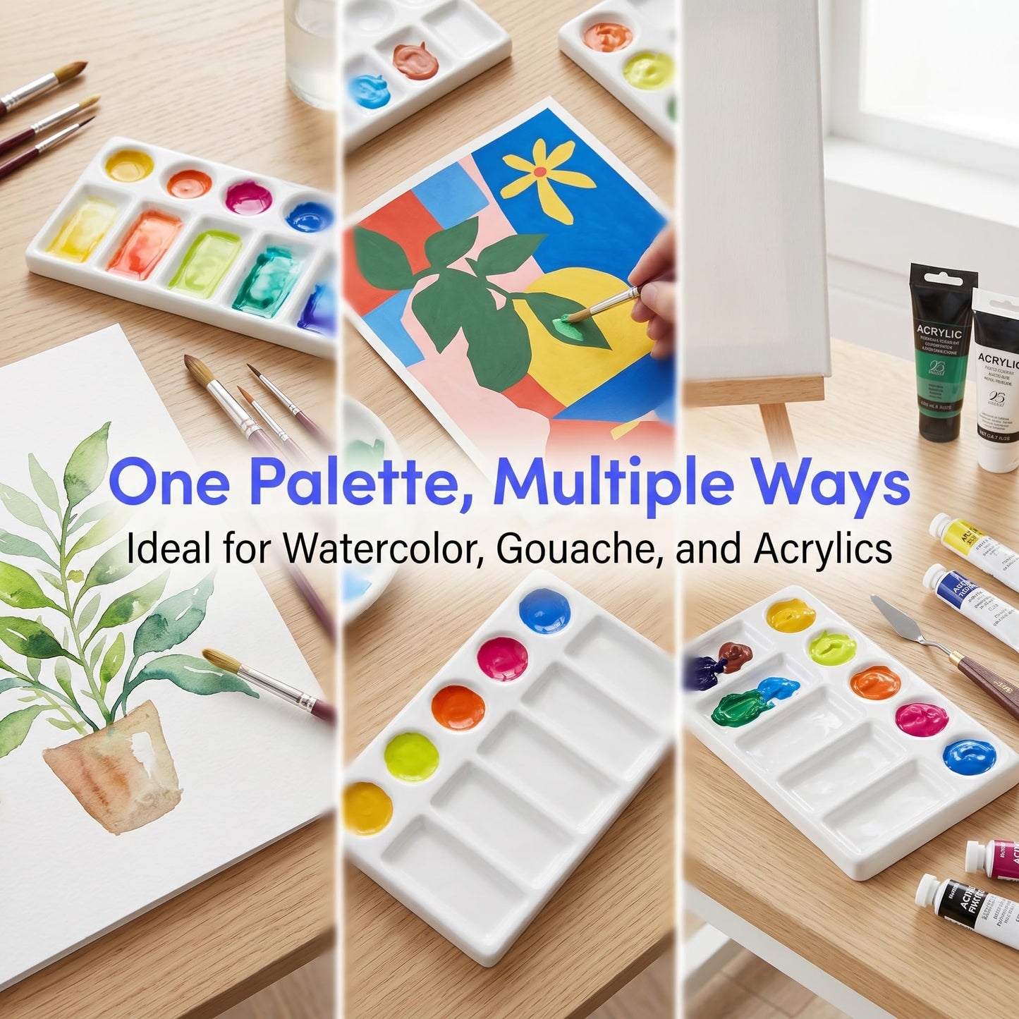 Jucoan 2 Pack 10-Well Ceramic Watercolor Paint Palette, 7-1/2 x 4-1/4 Inch Rectangle Porcelain Artist Paint Palette Mixing Tray for Watercolor, Gouache, Acrylic