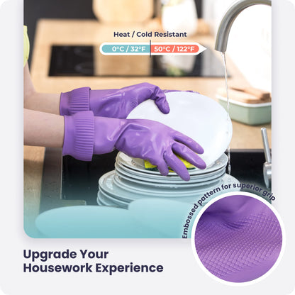 FMP Brands Dishwashing Gloves, 12 Pairs, 15 Inch Extra Long Rubber Gloves for Washing Dishes, Non-Slip Design, Medium, Purple