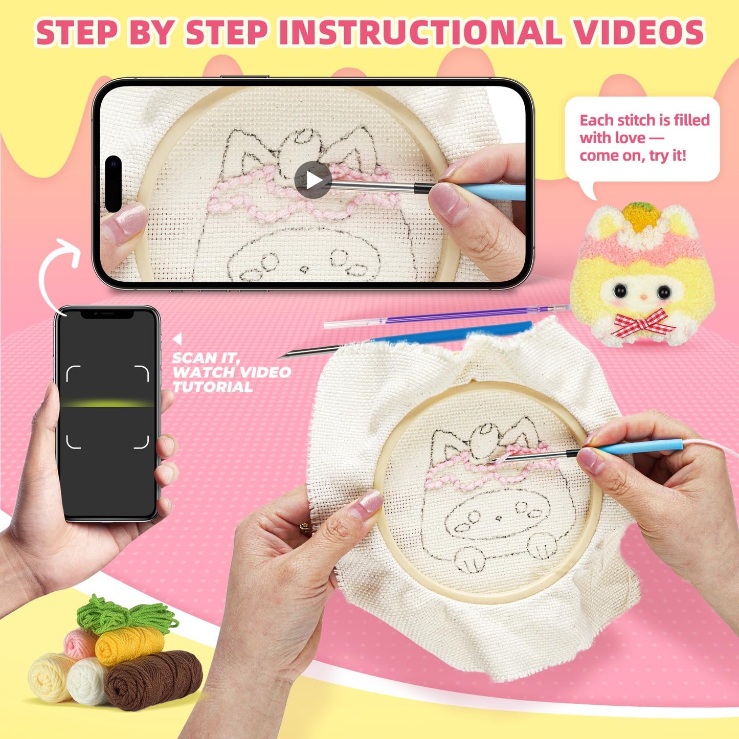 Punch Needle kit for Beginners,Embroidery kit for Beginners,Punch Needle Kits Adults Beginner,Including Printed Patterns, Needles, Easy to Follow Instructions, and Videos-Cat Family