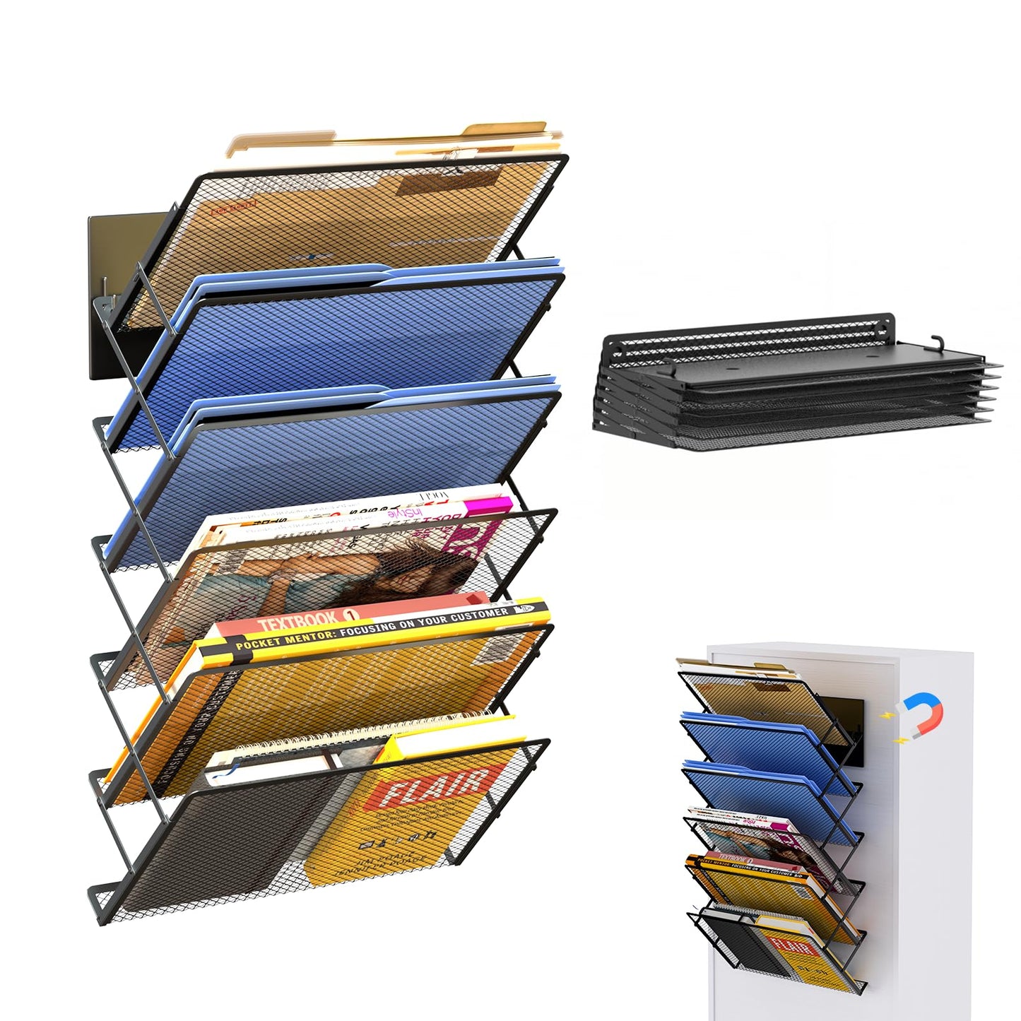 Mogbhw Magnetic File Holder, 6-Tier Foldable No Drilling Magnetic File Folder Holder, Space-Saving Black Magnetic Hanging File Organizer for Whiteboard, File Cabinets, Refrigerator, Office, Kitchen