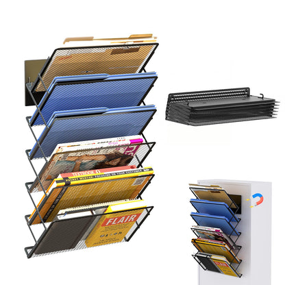 Mogbhw Magnetic File Holder, 6-Tier Foldable No Drilling Magnetic File Folder Holder, Space-Saving Black Magnetic Hanging File Organizer for Whiteboard, File Cabinets, Refrigerator, Office, Kitchen