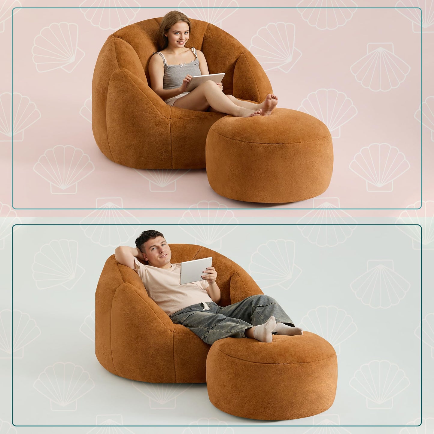 Gericco Giant Bean Bag Swivel Chair for Adults with Ottoman - Comfy Plush Round Shell Soft Accent Chaise Lounge Indoor Chair, Oversized Cozy Floor Sofa for Living Room Game Rooms, Orange