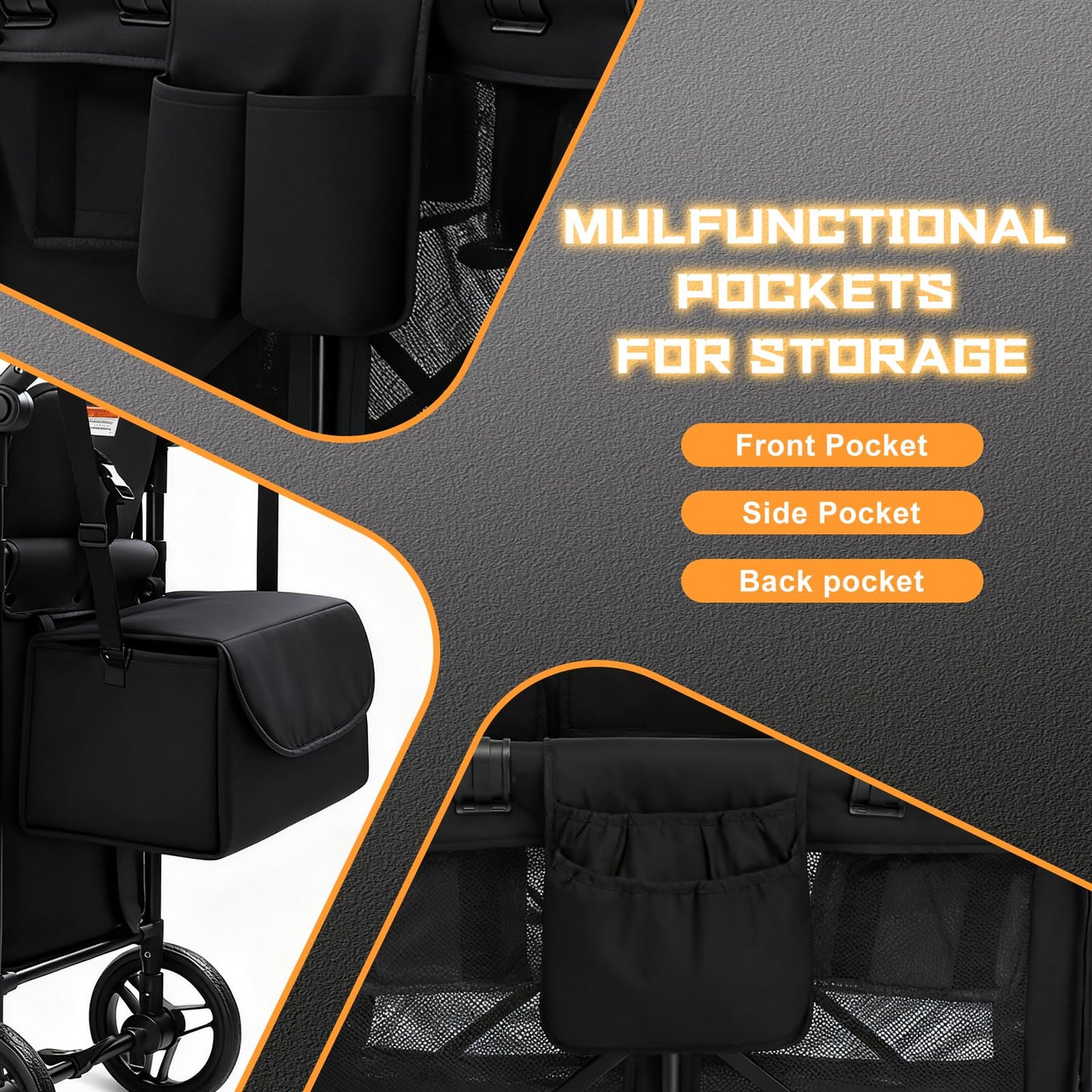 Wagon Stroller for 2 Kids, Foldable All-Terrain Wagon for Kids with Canopy, Adjustable Push and Pull Handles,Convertible High Seat & Organizer, 5 Point Harness (Black)