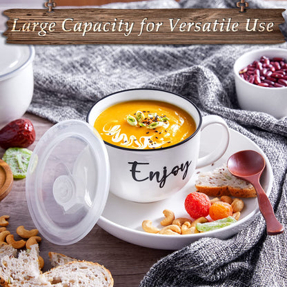DAYYET Soup Mugs with Handles and Vented Lids, 26 oz Microwavable Soup Bowls, Ceramic Mugs Set for Overnight Oats, Cereal, Noodles, Ramen, Pasta, Salad, Oversized Coffee Mugs, Set of 2, White