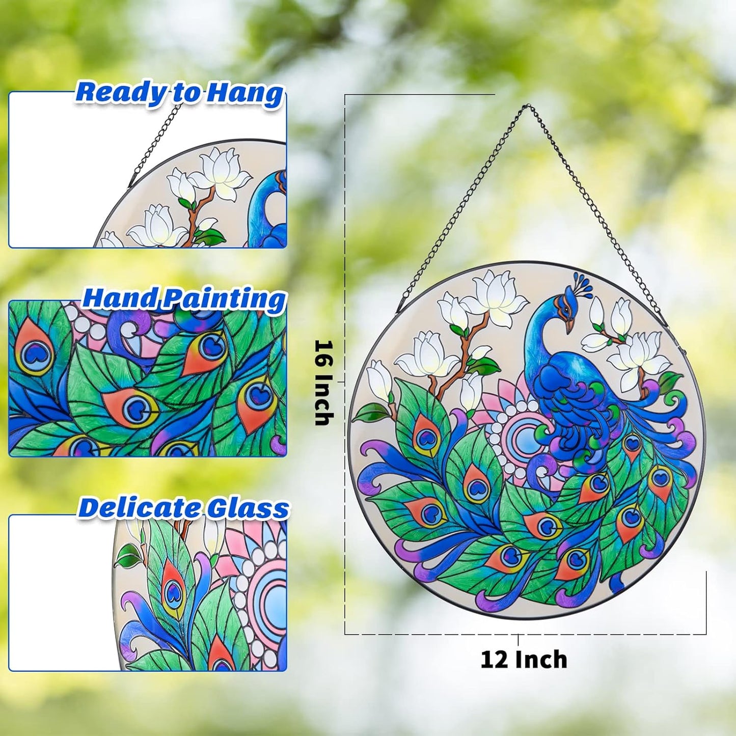 MUMTOP Stained Glass Window Hanging Suncatcher, Peacock Design Hand-Painted Glass Panel Home Decor, 12 Inch