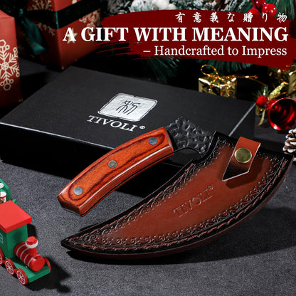 TIVOLI Ulu Knife with Sheath – Full Tang Rosewood Handle, Gift-Ready Box, Viking-Style Cleaver & Pizza Cutter for Meat, Herbs, and Outdoor Cooking –A Christmas Gift for Men and Women