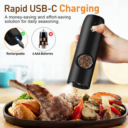 Electric Salt and Pepper Grinder Set, Rechargeable Automatic Pepper Mill Grinder with LED Light, Adjustable Coarseness shakers, One-Hand Operation for Kitchen(2 Pack,Black+White)