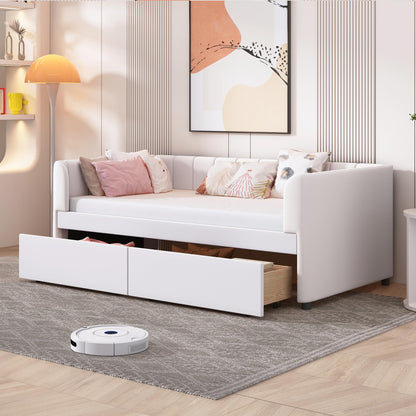 KTATK Twin Size Velvet Daybed with Two Drawers and Stripe Shaped Headboard Design,Upholstered Wooden Storage Bed Frame,w/Ergonomic Backrest,for Bedroom,Living Room,Beige