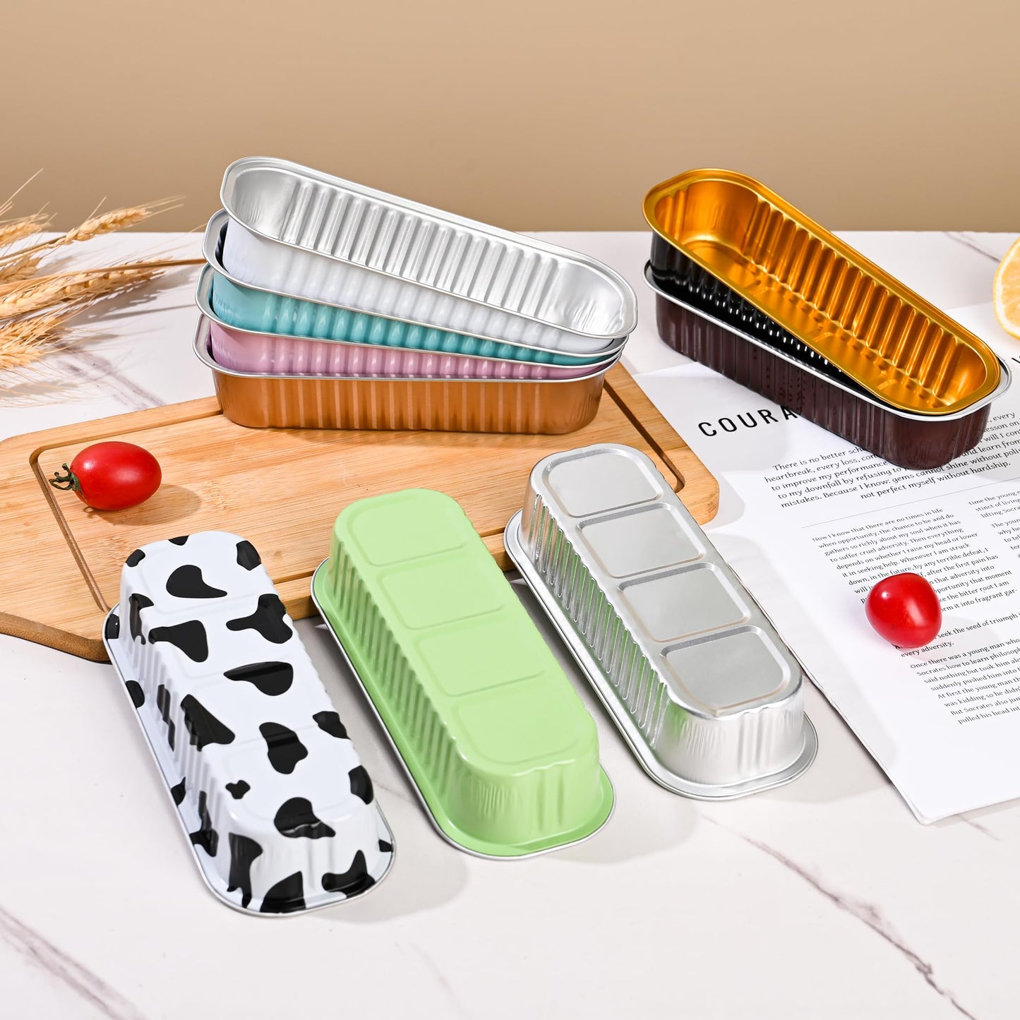 Findful Mini Loaf Baking Pans with Lids and Spoons (50 Pack, 6.8oz) Rectangle Aluminum Foil Baking Pans Tins Containers - Cupcake Containers Wrappers Cheesecake Creme Brulee Ramekins