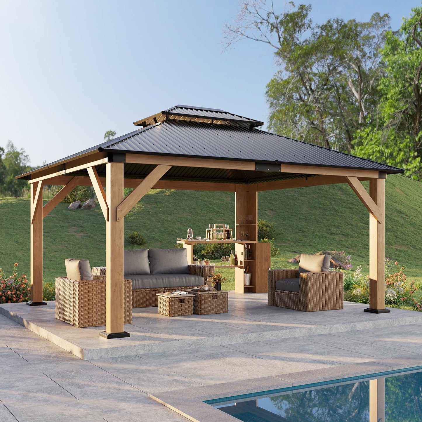 LUXOAK 13x15 Wood Gazebo, Hardtop Outdoor Gazebo with Aluminum Double Roof, Outdoor Wooden Pavilion for Parties, Backyard, Patio, Lawns, Black + Natural Wood