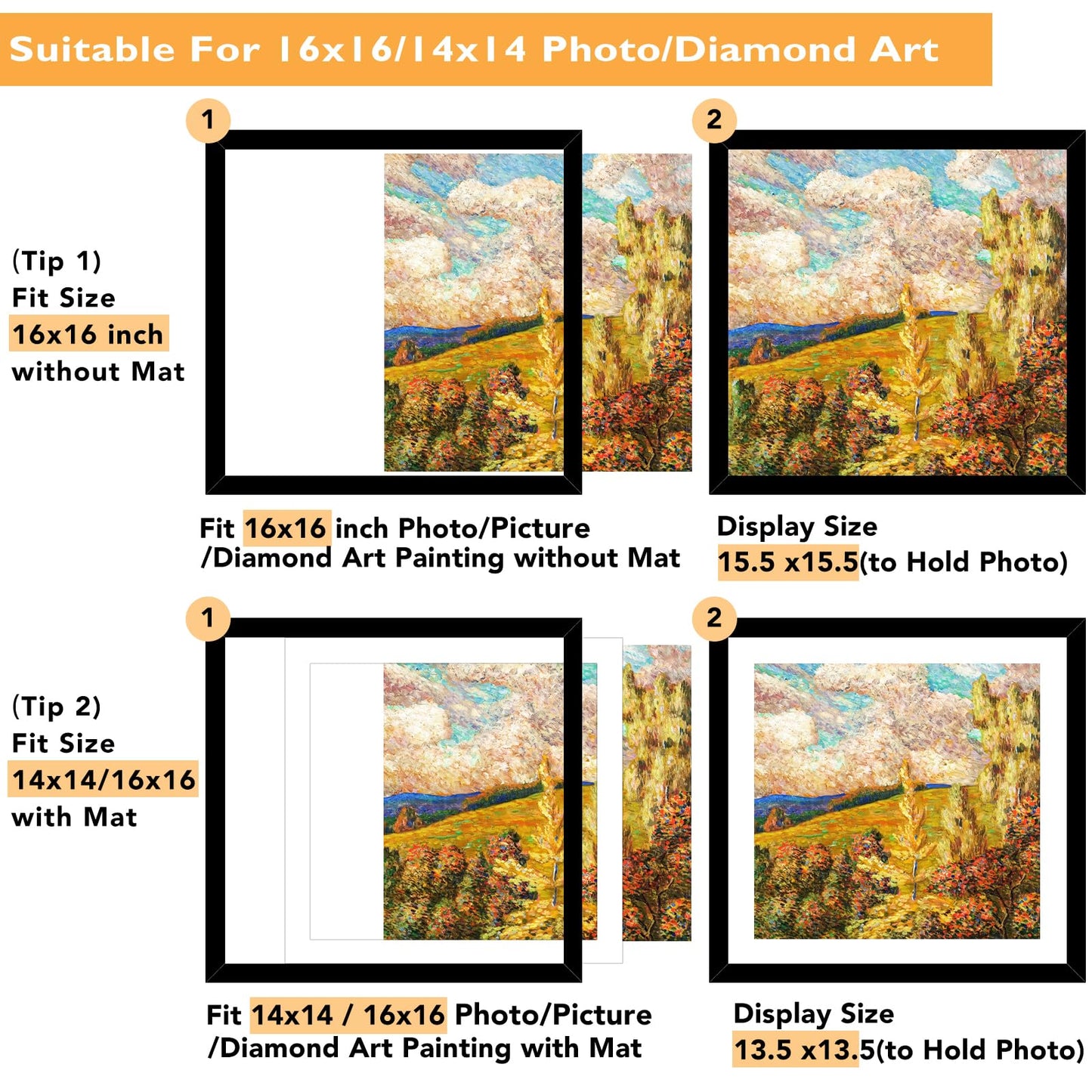 QOTIB Wood 16x16 Frame Set of 2 with 14x14 Mat, for 40 x 40cm Diamond Art Painting, Display Picture 14 x 14 with Mat or 16 x 16 without Mat, Large 40x40 Picture Frame for Wall Hanging, Black, 2 Pack