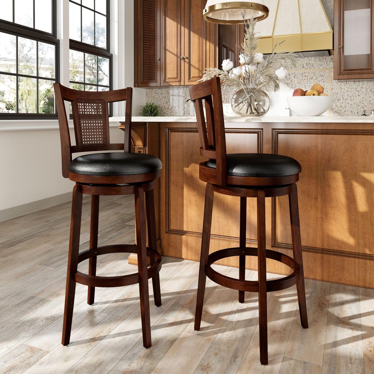 Sophia & William Swivel Bar Stools Set of 2, Bar Height Barstools with Backrest & Solid Wood Legs, Brown Faux Leather Kitchen Stools, 30 Inch